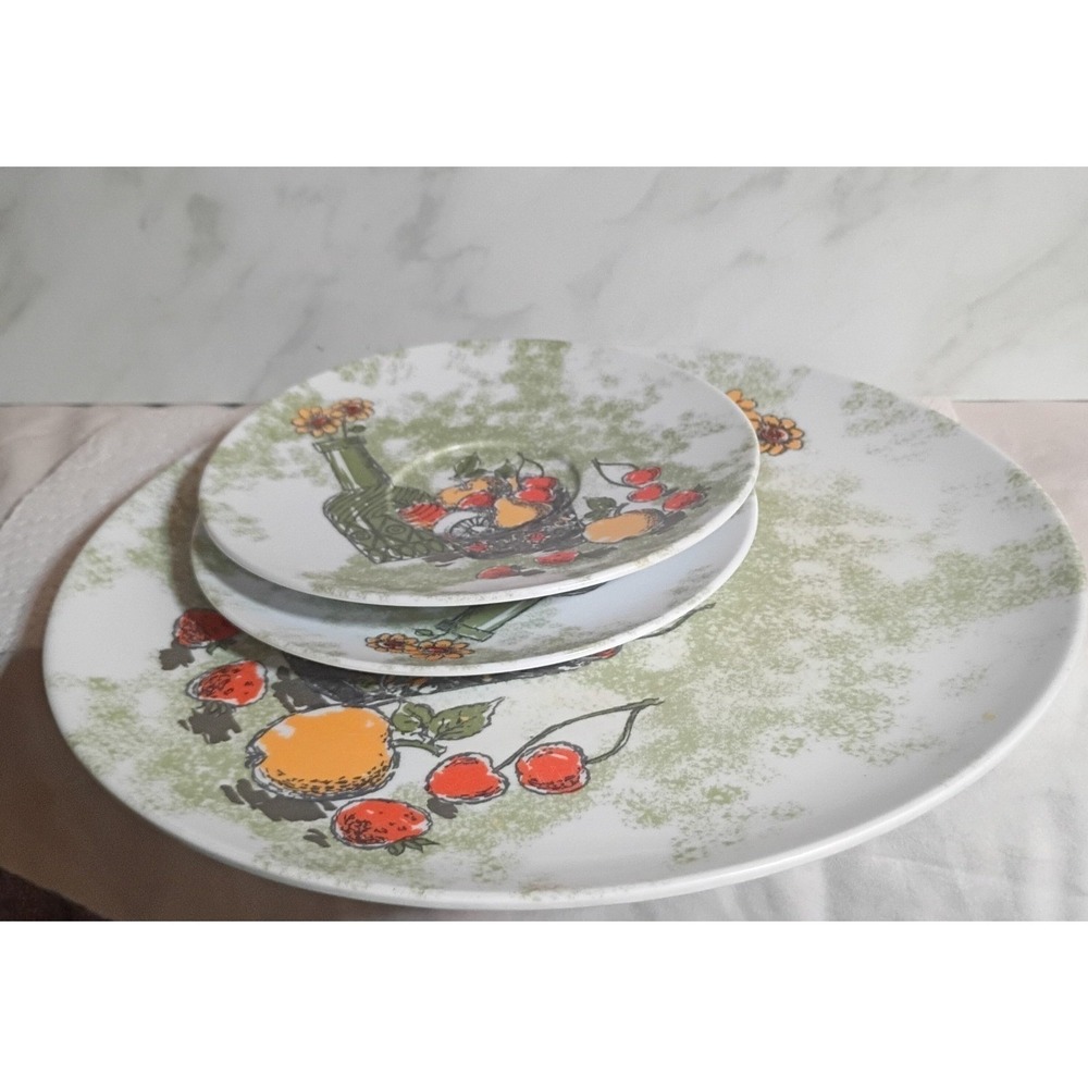 Vintage Texas Ware Melamine Plate Set Mid Century Fruit Floral Still Life 3pc